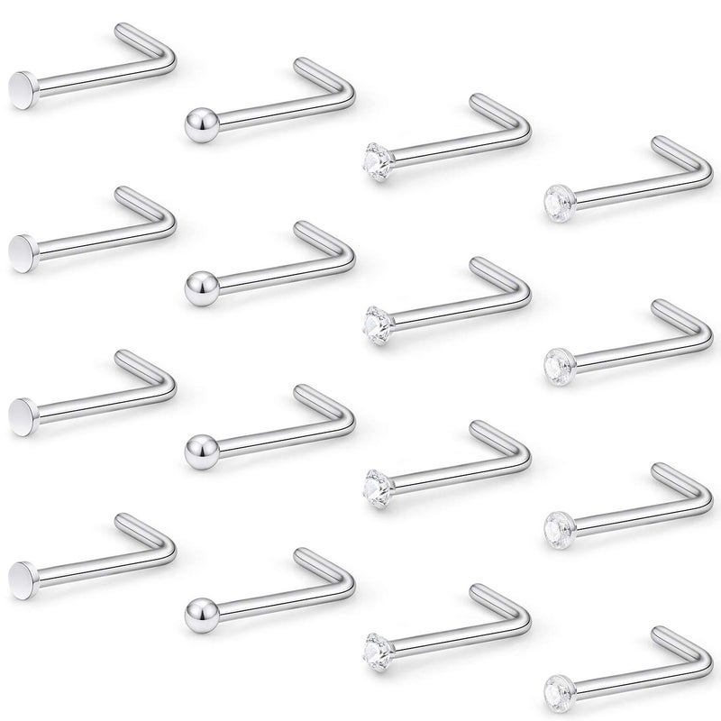 Hoeudjo خواتم أنف هويدجو على شكل حرف L، دبابيس أنف من الفولاذ الجراحي 18G 1.5MM، حلقة أنف كريستالية شفافة، مجوهرات ثقب الجسم للنساء والرجال، لون فضي، 16 قطعة - Image 1